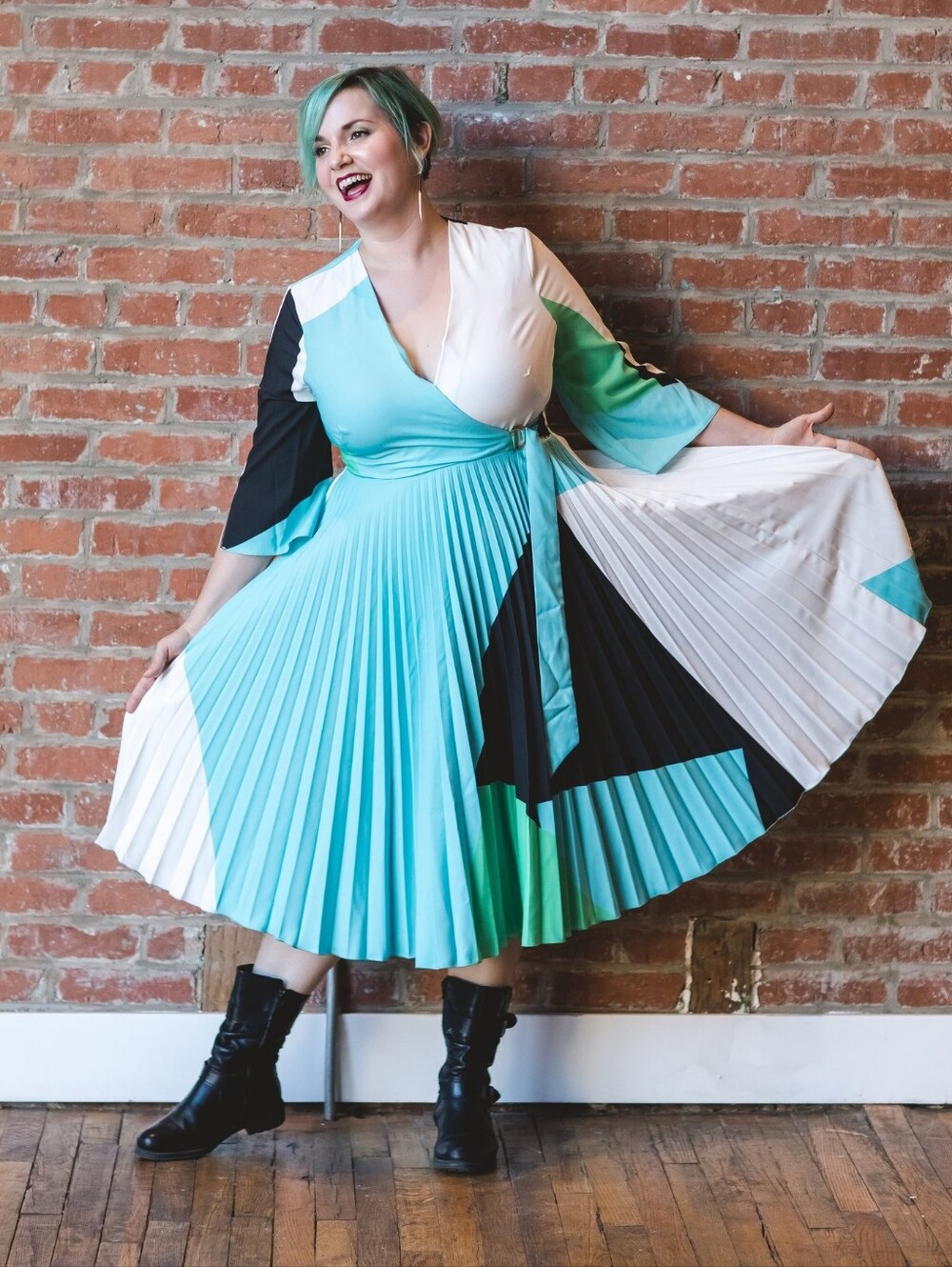 Closet London Colorblock Pleated Midi Dress Turquoise White Black Geometric